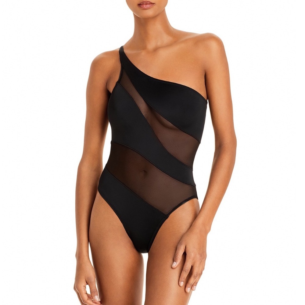 Norma Kamali Snake Mesh Mio One Shoulder One Piece Swimsuit Black XS New